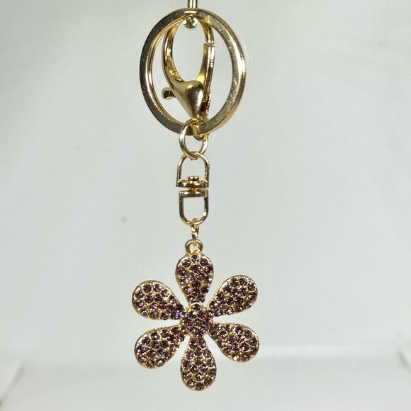 BAG CHARM Gold Tone Purple Crystal Flower Bag Charm Keychain MINT - Picture 2 of 4